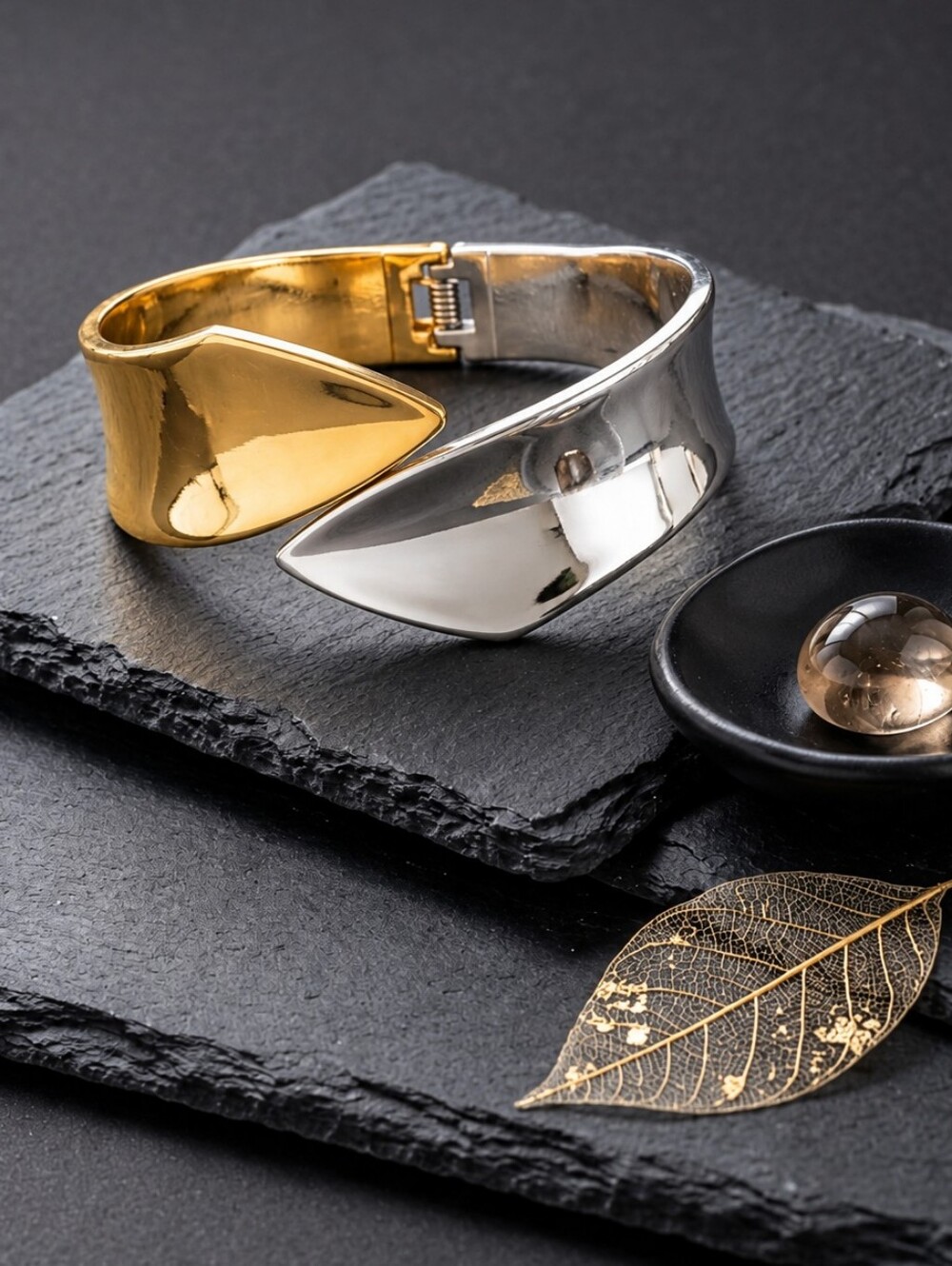 Two Tone Hinged Cuff Bangle Bracelet 18K PVD Gold Silver 304 Stainless 2.4"